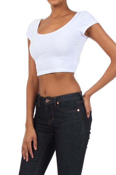 Solid Plain Scoop Neck Basic Deep Back Short Sleeve Cropped Belly Tee