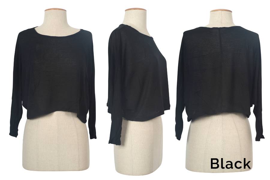 Casual Solid Round Neck Dolman Long Sleeve Cropped Knit Shirt Top Loos