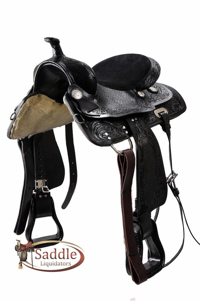 17" Leather Hand Tooled Western Pleasure Trail Saddle Set (Black) eBay
