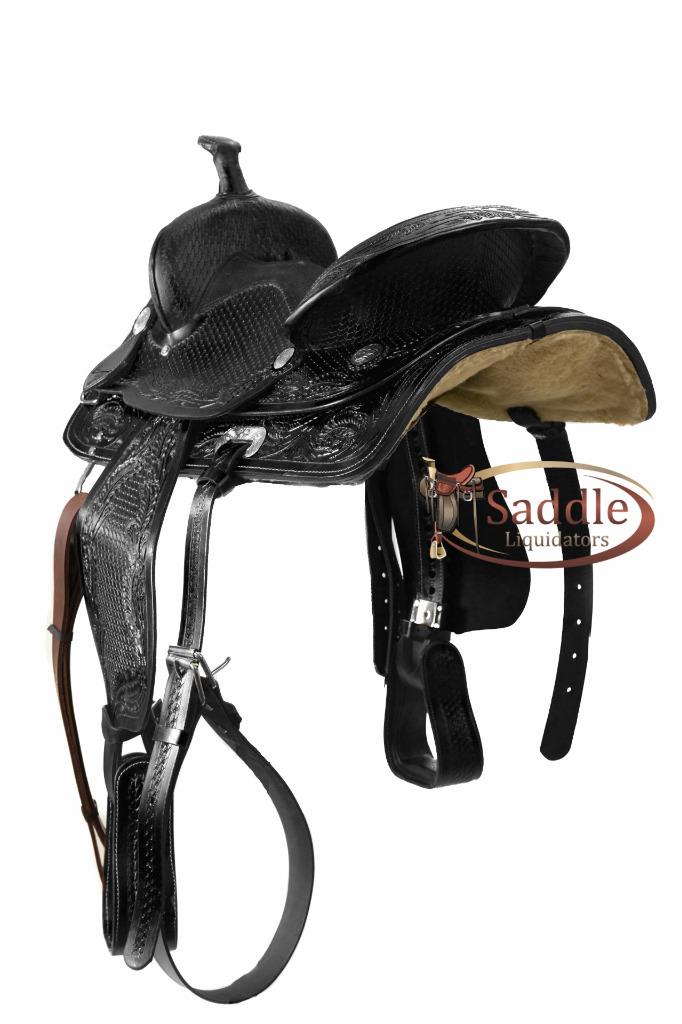 17" Leather Hand Tooled Western Pleasure Trail Saddle Set (Black) eBay