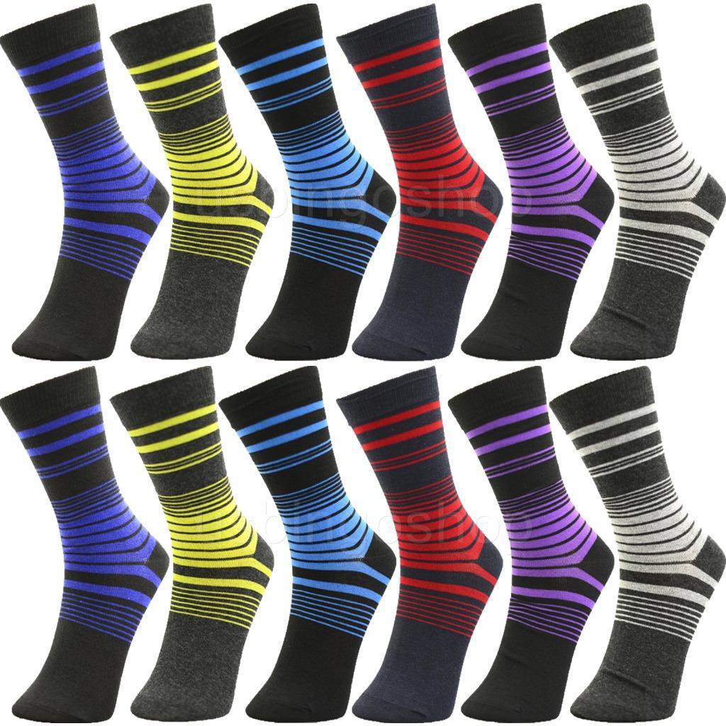 Lot of 12 Pairs New Cotton Men Striped Style Dress Socks Size 1013