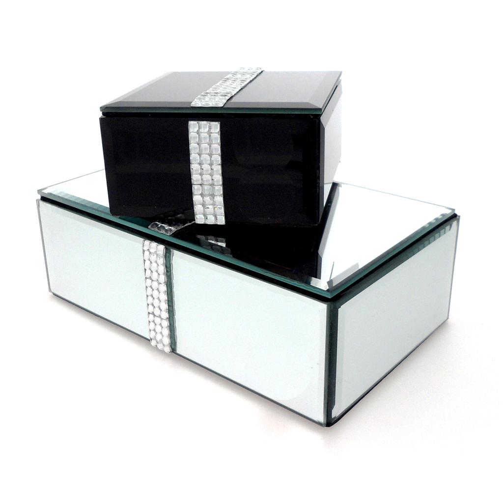BLACK GLASS MIRROR JEWELLERY BOXES GIFT BOX HINGED LID DRAWER BLING