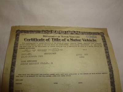 VINTAGE 1955 CHEVROLET NORTH CAROLINA CAR TITLE RARE | eBay