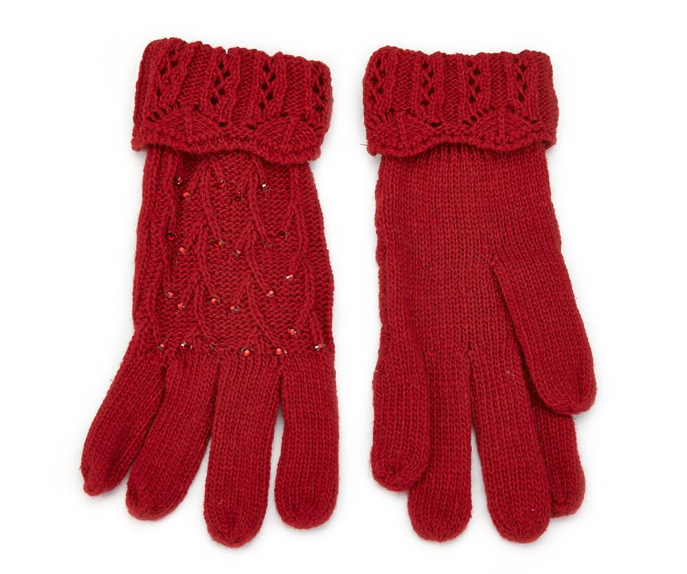 LADIES GLOVES BRIGHT RED WOOL WINTER GLOVES RED CRYSTAL DIAMANTE STONES