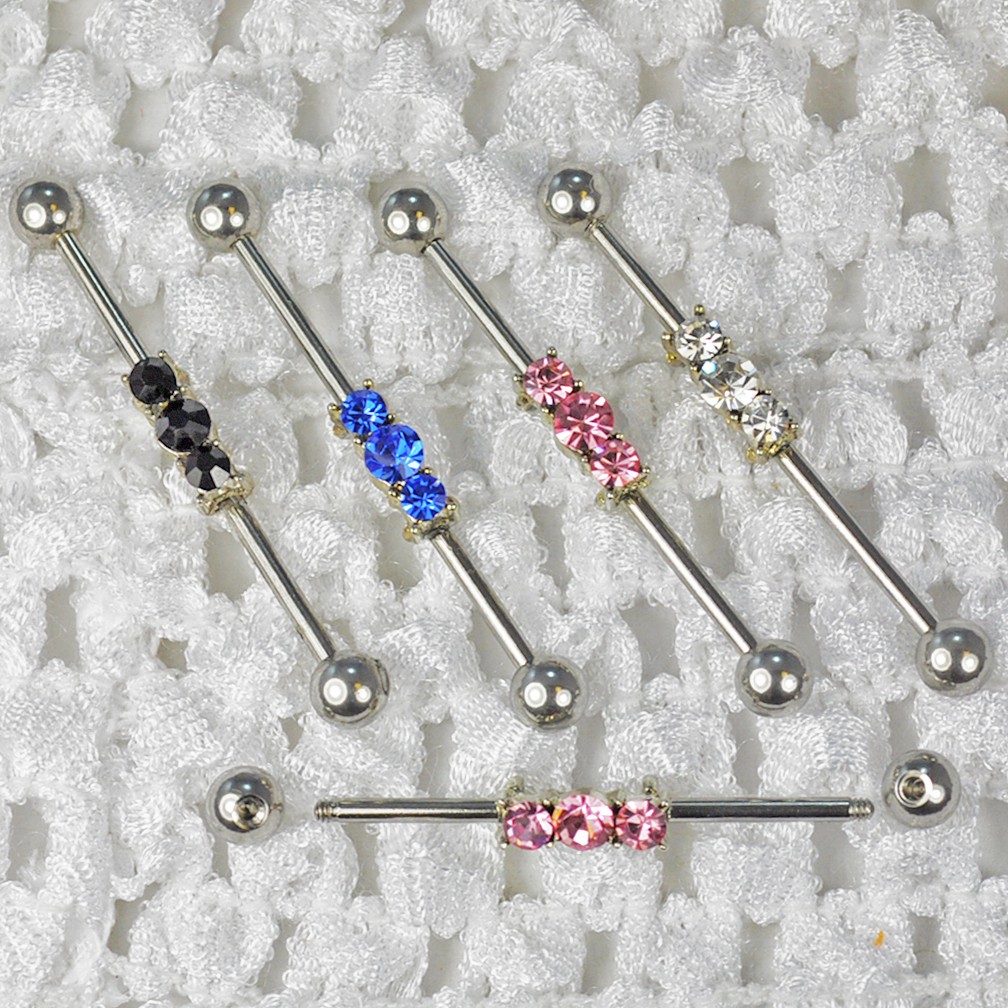 3 Stone CZ Industrial Barbell Long Bar Cartilage Earring Ear Jewelry