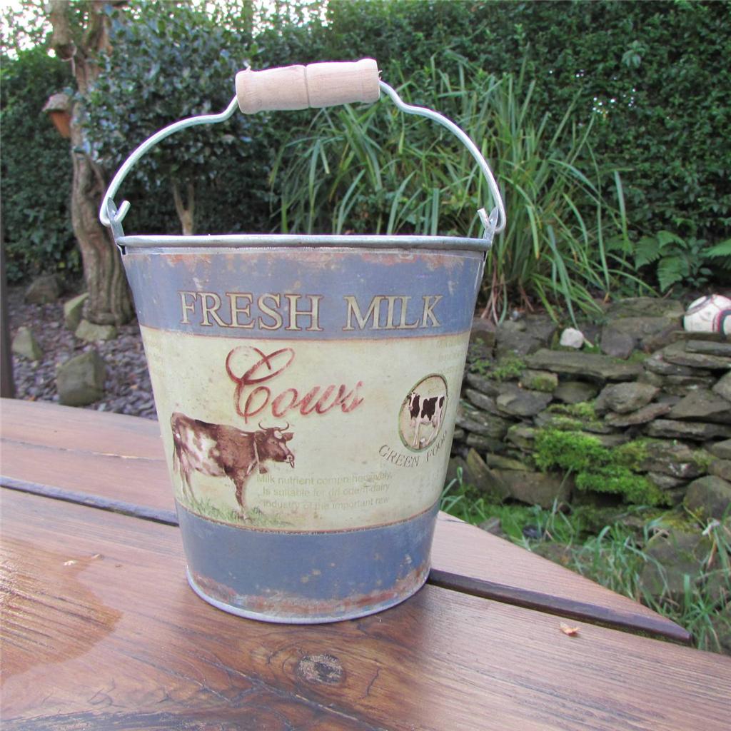 FRESH MILK TIN PAILS BUCKETS 5 SIZES VINTAGE DISPLAY GARDEN KITCHEN