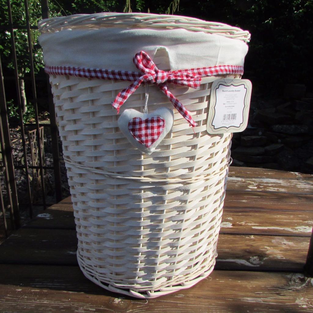 RED GINGHAM HEART WHITE WICKER LAUNDRY BASKET ROUND LINEN BIN STORAGE BASKETS eBay