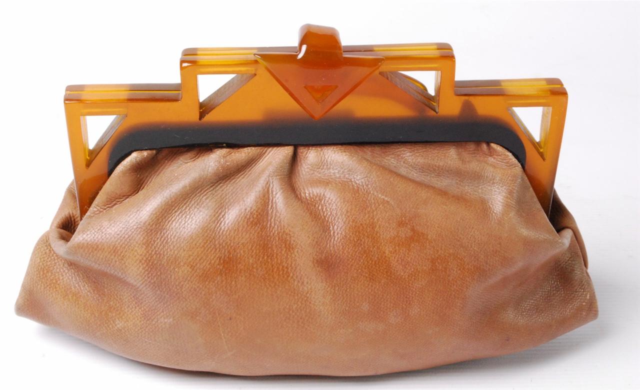 Rare Vintage 1930s deco leather butterscotch lucite handbag purse clutch | eBay