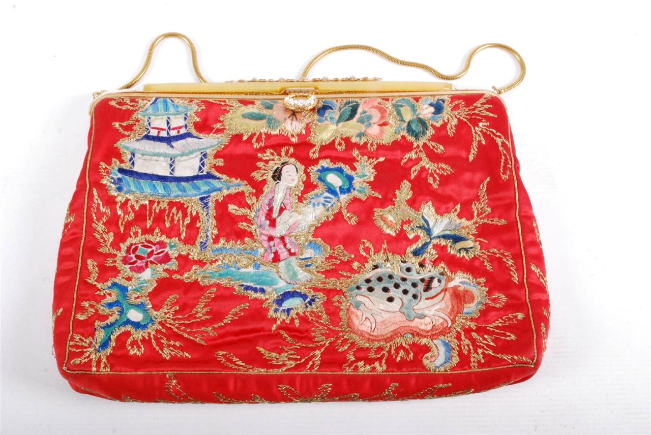 Vintage 1950s ebroidered red satin oriental Kruckers evening bag purse | eBay