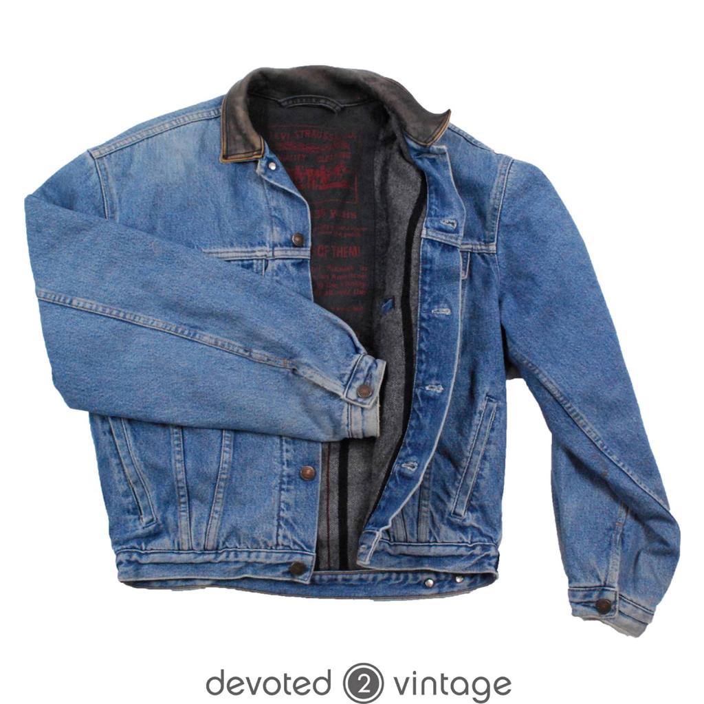 Vintage Blanket Lined Levi Leather Collar Denim Trucker Jean Jacket M