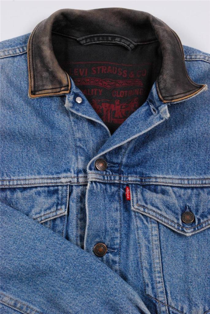 Vintage Blanket Lined Levi Leather Collar Denim Trucker Jean Jacket M