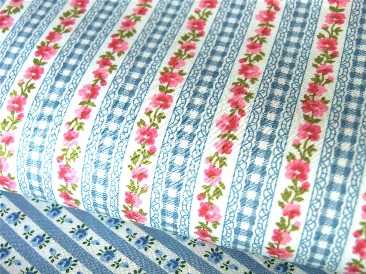 BLUE floral stripes Vintage Rose Gingham 100 COTTON FABRIC dress craft