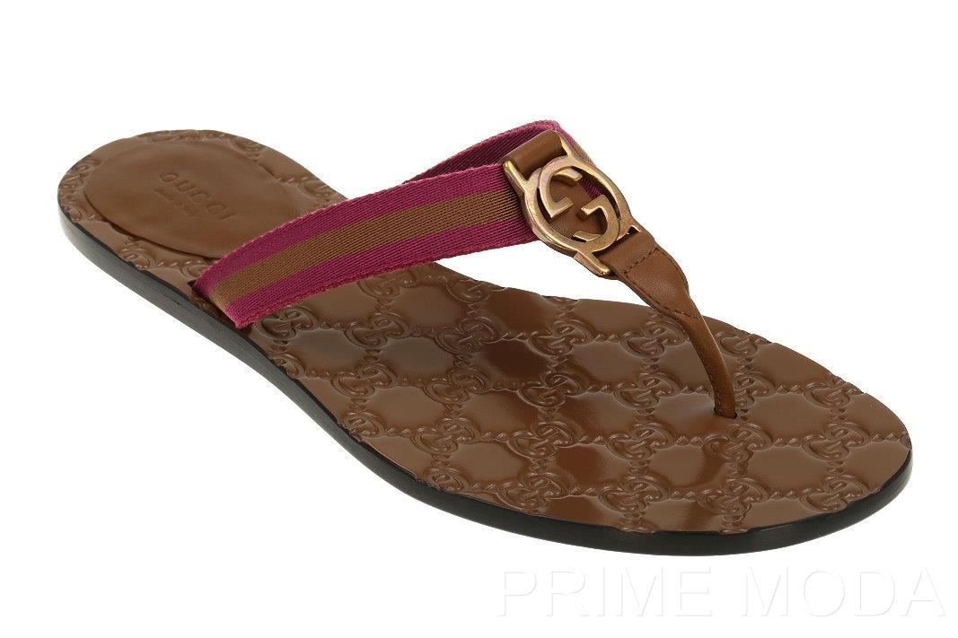 NEW GUCCI BROWN INTERLOCKING LOGO THONG FLIP FLOPS SANDALS SHOES 35/ US 5