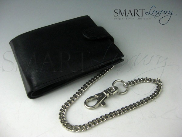 Luxury Mens Black Leather Bi-Fold Chain Wallet - Security | eBay