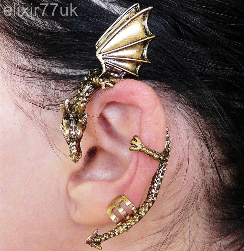 NEW GOLD DRAGON SNAKE EAR CUFF CLIP PEWTER ALCHEMY GOTHIC PUNK ROCK