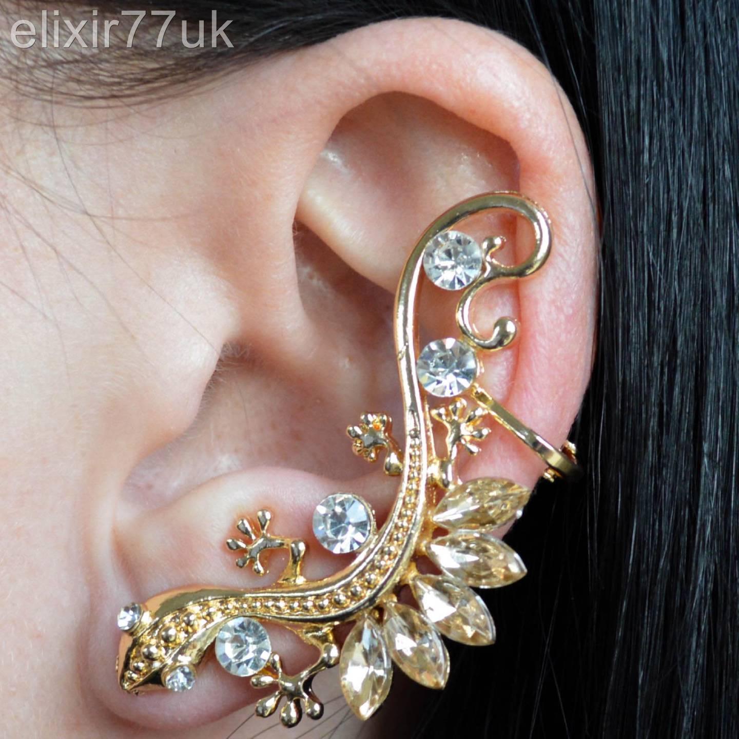 New Gold Lizard Dragon Snake Diamante Crystal Stud Earring Ear Cuff New Gold Lizard Dragon Snake Diamante Crystal Stud