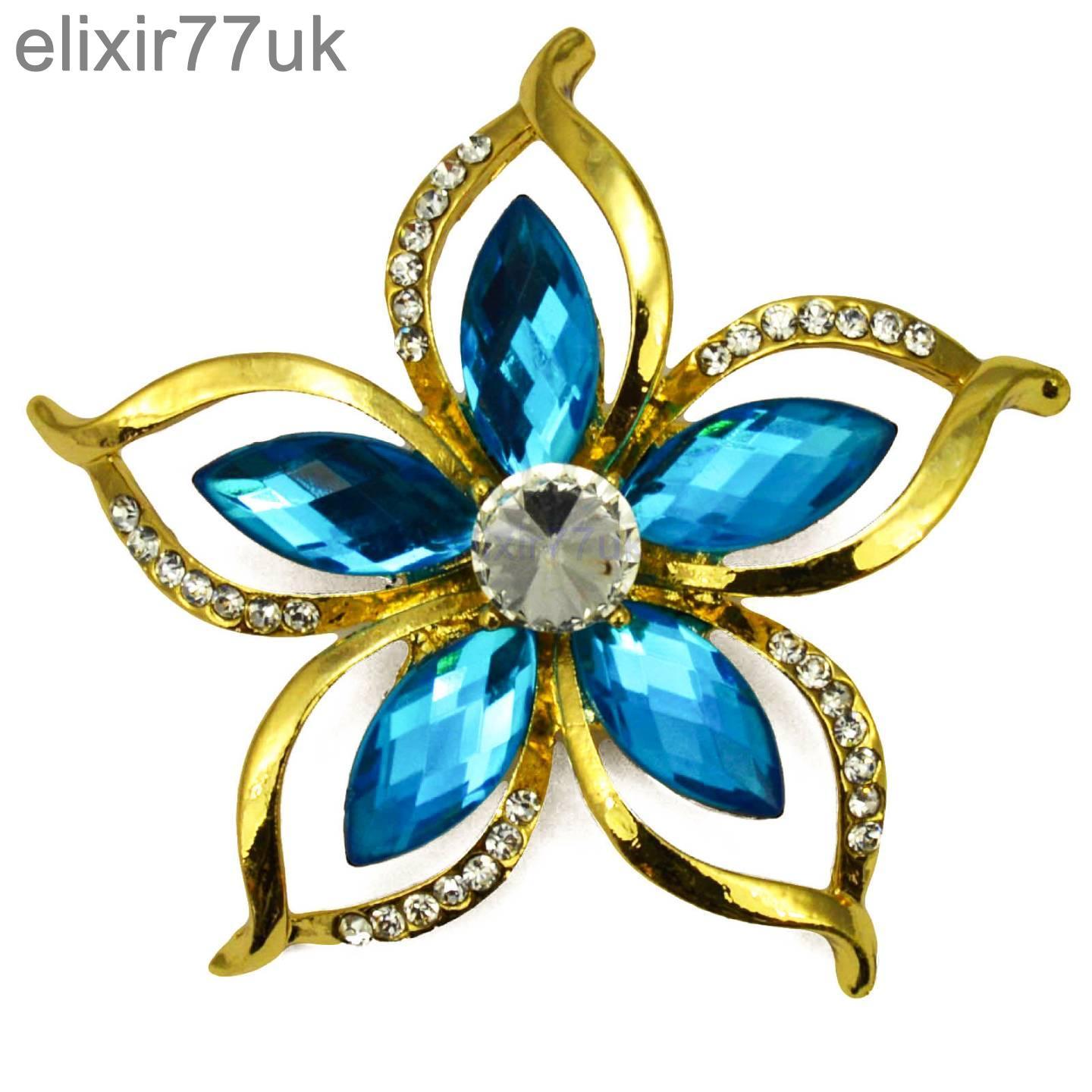 4 NEW GOLD FLOWER BROOCH PURPLE BLUE RHINESTONE DIAMANTE CRYSTAL DROP