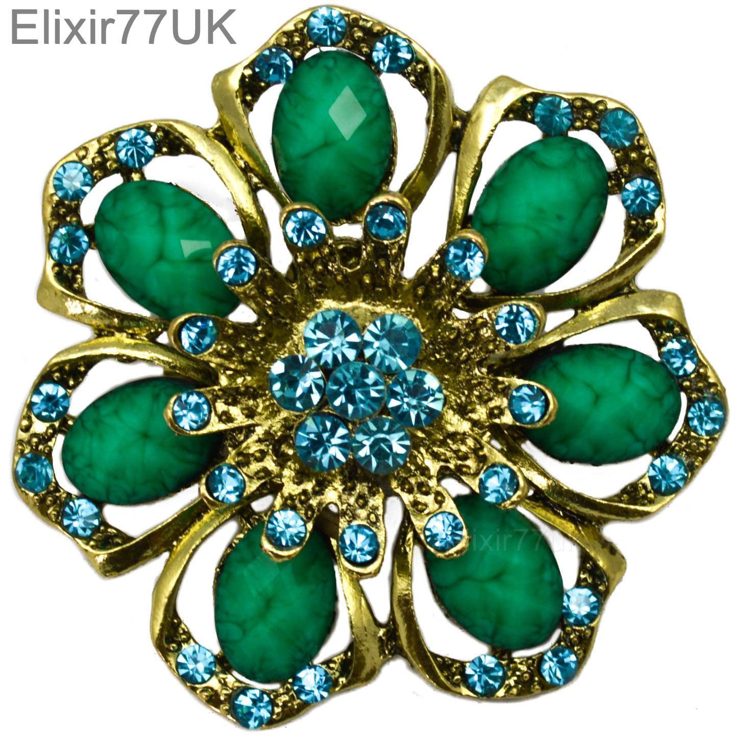 NEW 2.4" GOLD FLOWER BROOCH BLUE GREEN RHINESTONE DIAMANTE CRYSTAL PIN