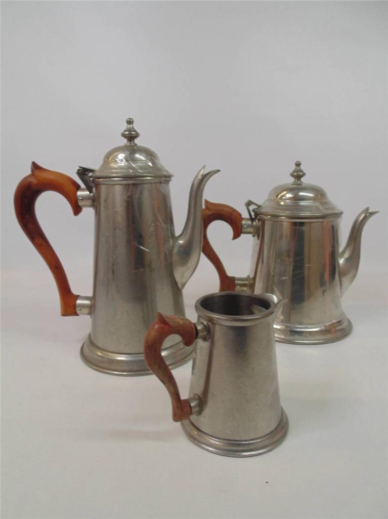 Vintage Stieff Pewter Coffee Pot, Tea Pot & Creamer Wood Handles 241