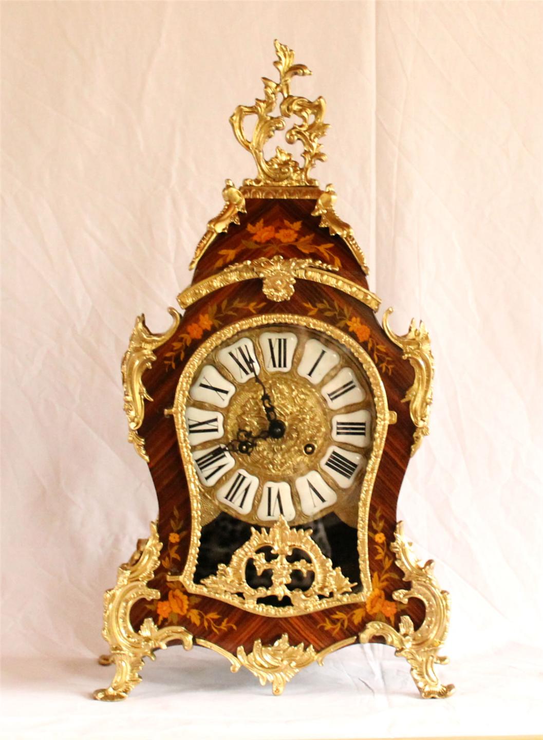 Large vintage Boulle style inlaid burr Walnut&gilt bronze Bracket clock