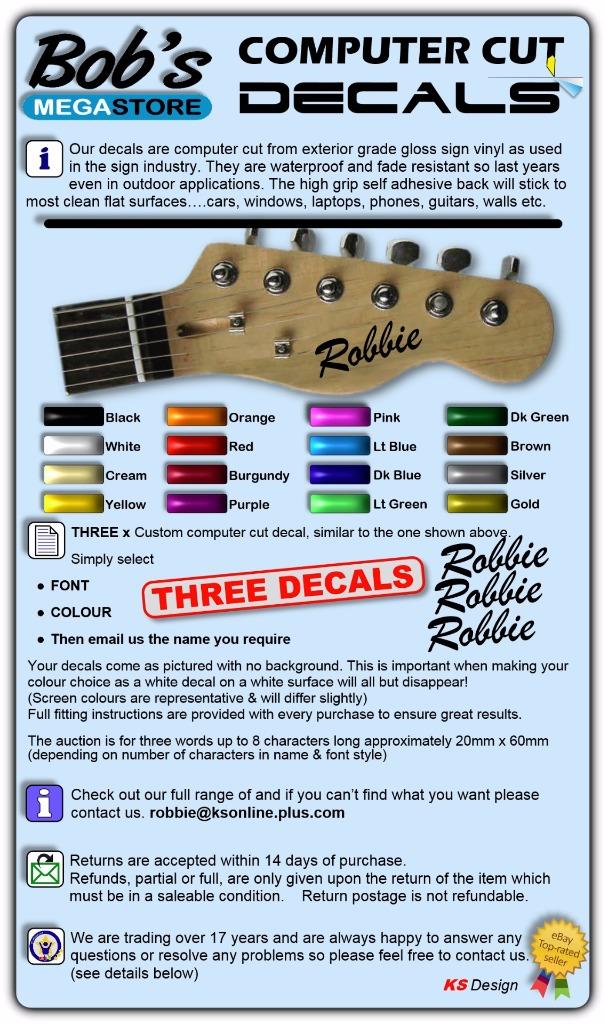 3 x STICKERS personalise custom name electric acoustic guitar headstock