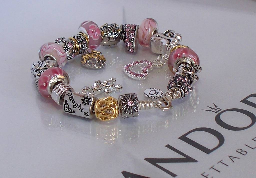 Authentic Pandora Sterling Silver Charm Bracelet PInk Gold MOM Love