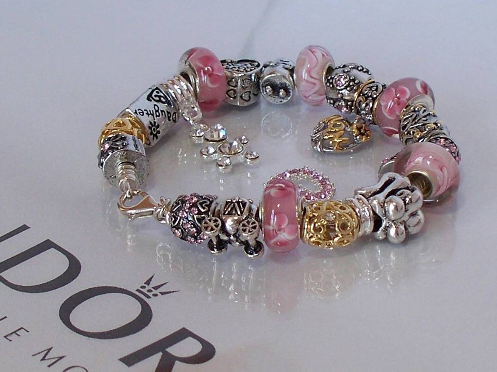 Authentic Pandora Sterling Silver Charm Bracelet PInk Gold MOM Love