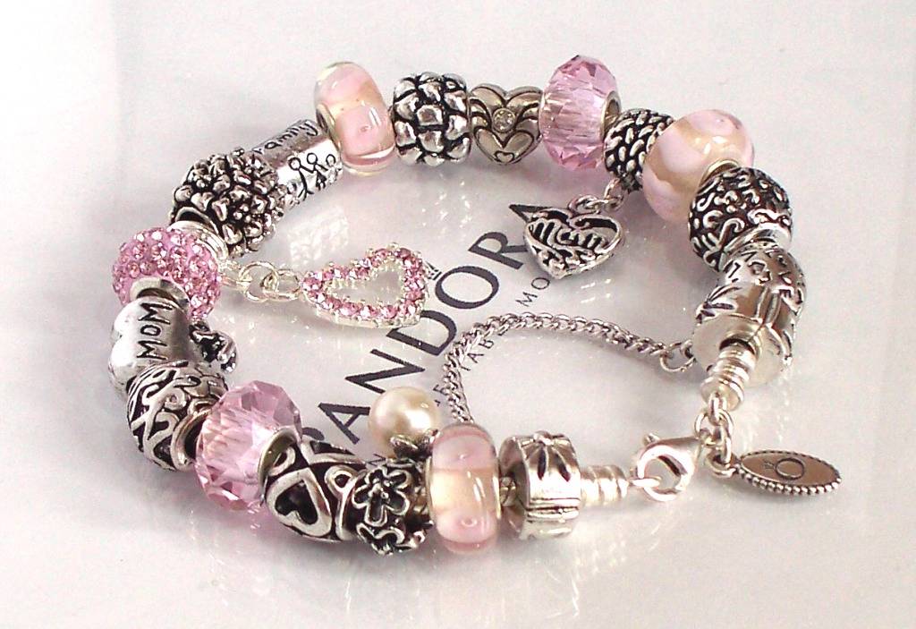 Authentic Pandora Silver Charm Bracelet Mothers Day Love Mom Pink
