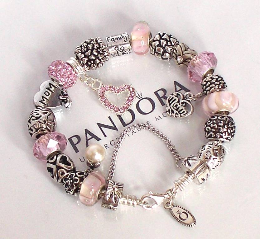 Authentic Pandora Silver Charm Bracelet Mothers Day Love Mom Pink