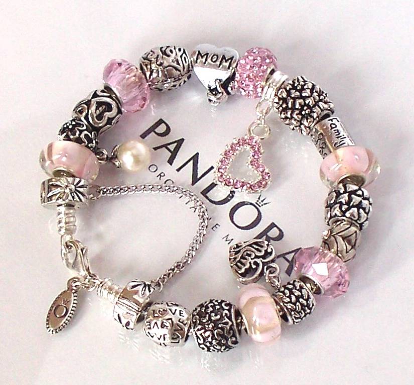 Authentic Pandora Silver Charm Bracelet Mothers Day Love Mom Pink