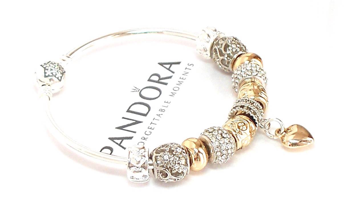 Authentic Pandora Silver BANGLE Charm Bracelet Platinum Gold You're a