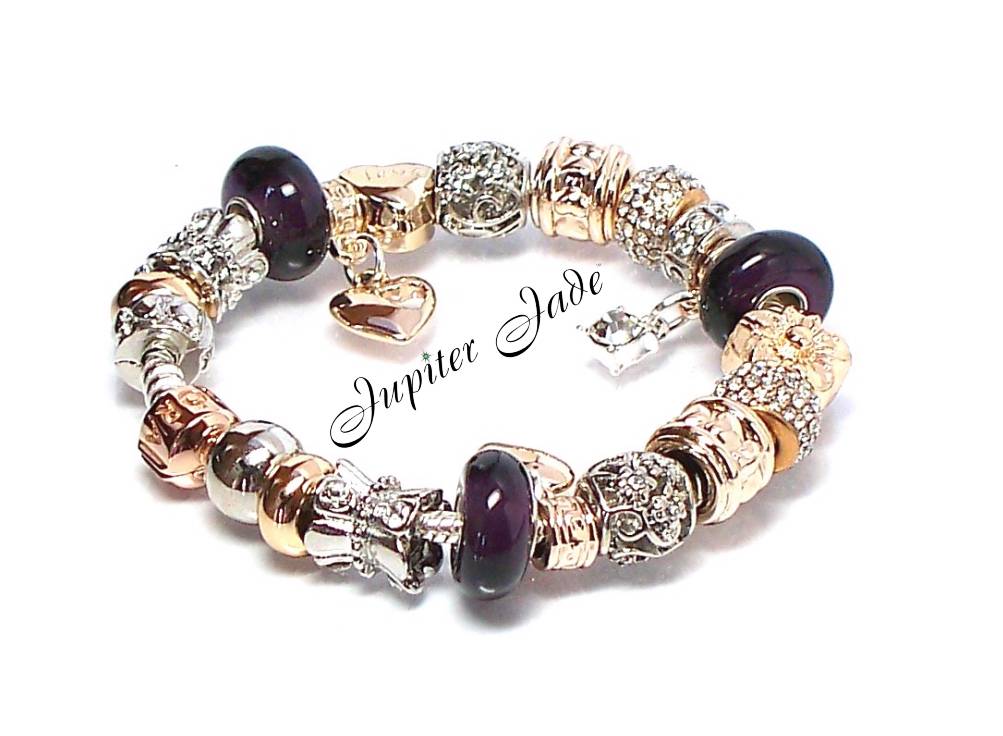 Authentic Pandora Silver Bracelet Rose Gold Clasp Euro Charms Purple Platinum | eBay