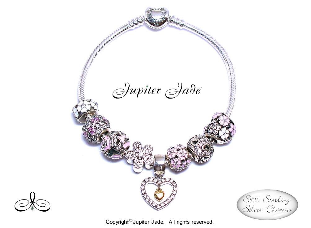 Authentic Pandora Heart Clasp Charm Bracelet Silver CZ Euro Charms Pink