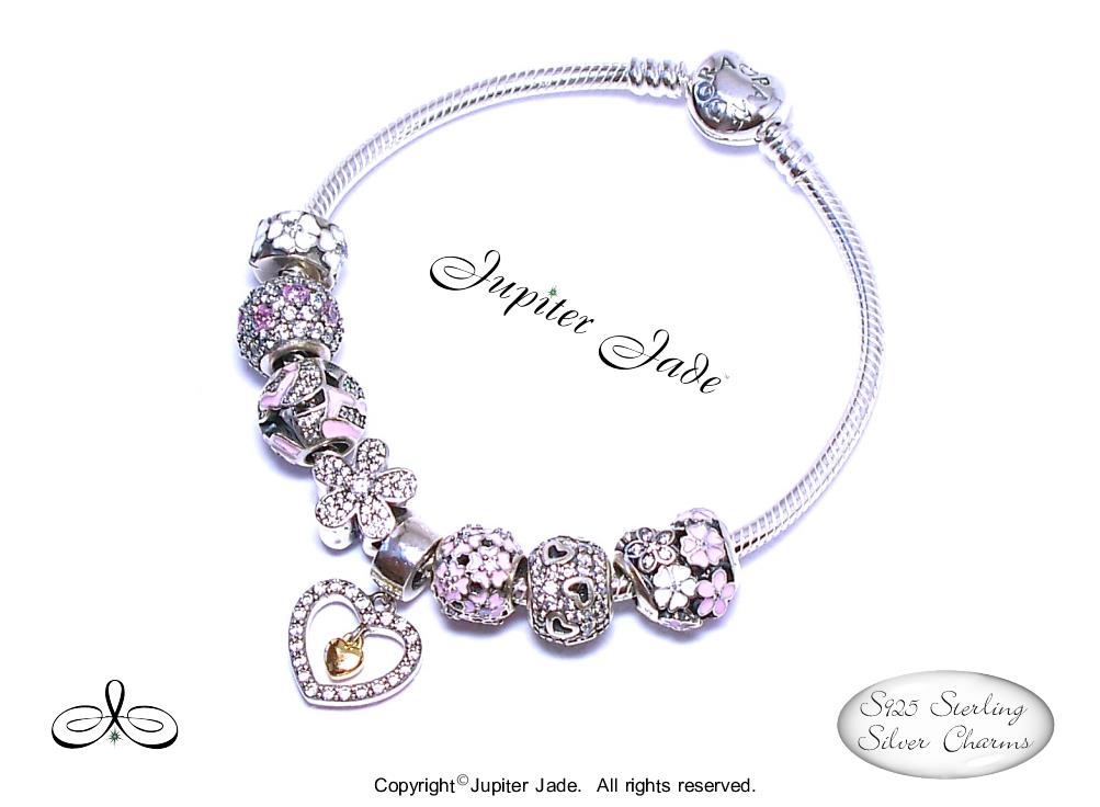 Authentic Pandora Heart Clasp Charm Bracelet Silver CZ Euro Charms Pink