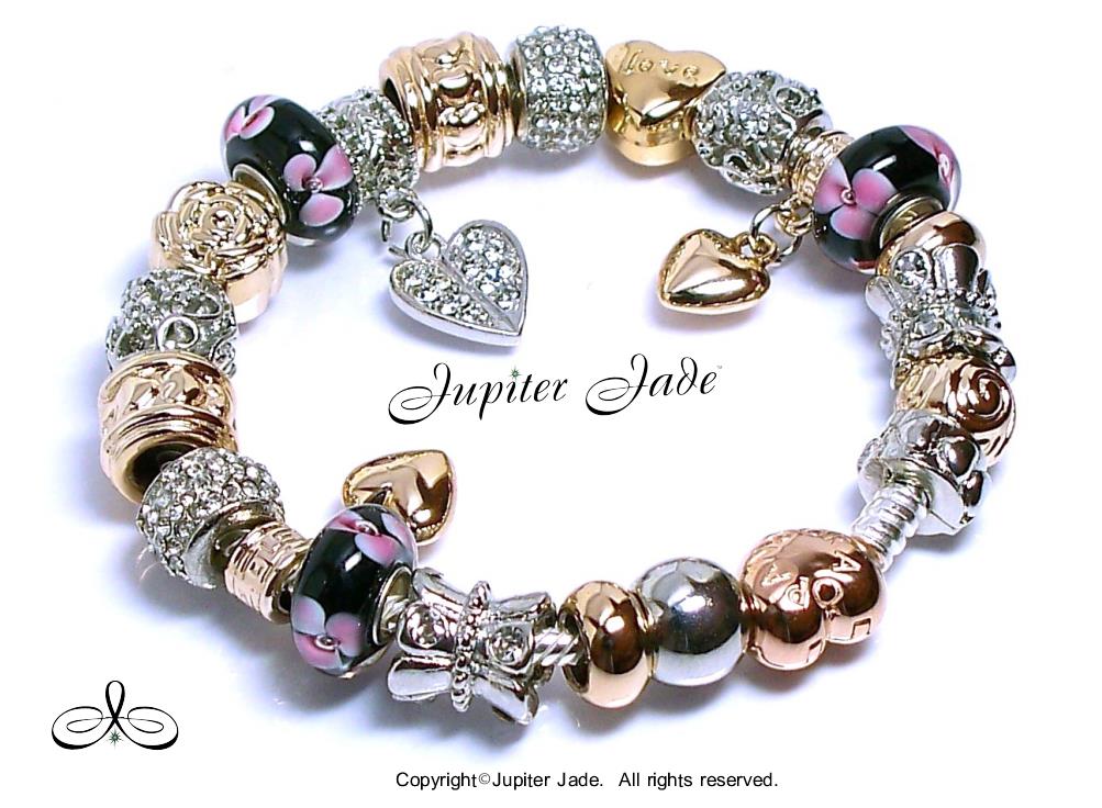 Authentic Pandora Charm Bracelet Rose Gold Heart Clasp Euro Charms Black Pink | eBay