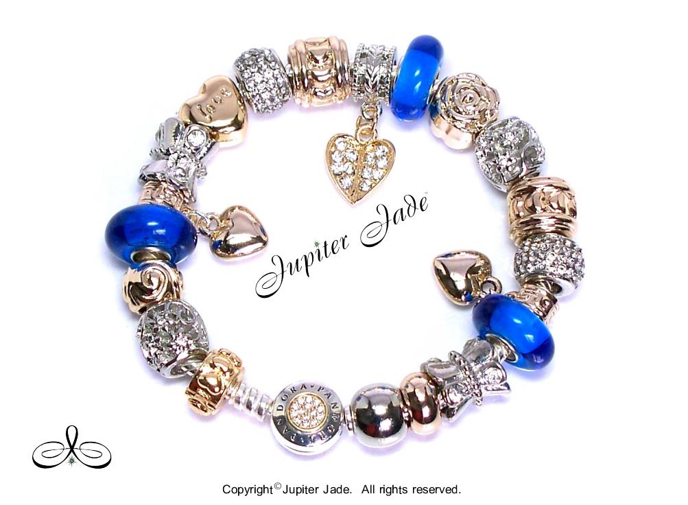 Pandora Silver Bracelet 14kt Gold Signature Clasp European Charms Sapphire Blue | eBay