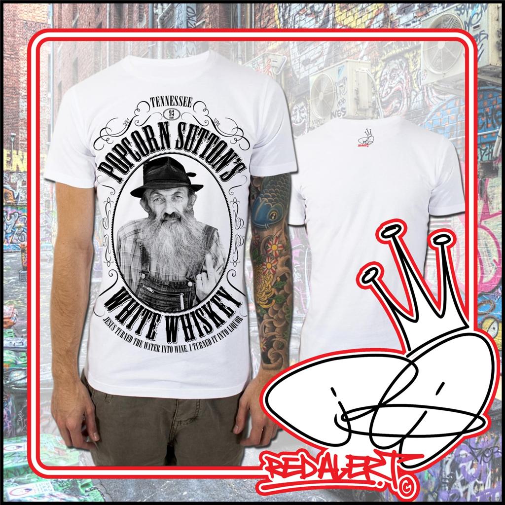 Red Alert Mens T Shirt Popcorn Sutton Moonshine Bootlegger Tennessee Whisky