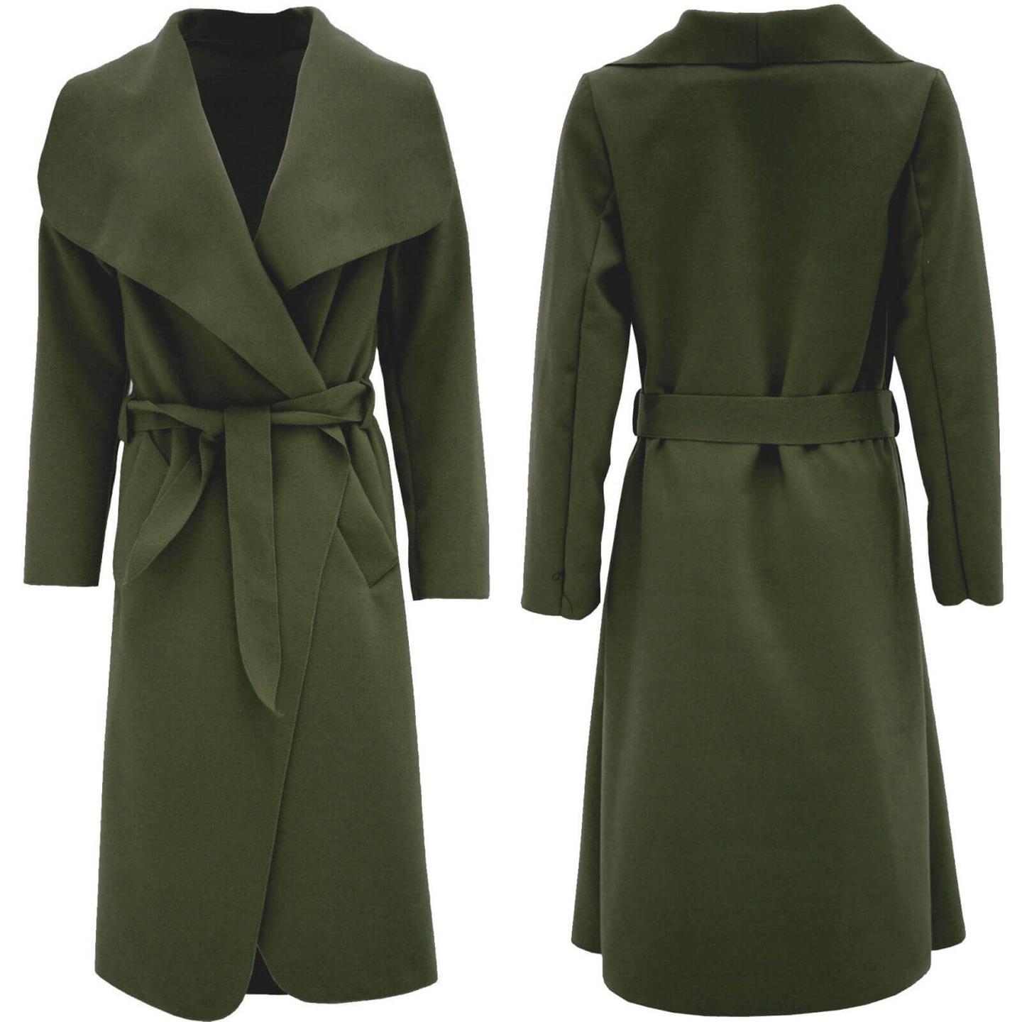 Womens Long Camel Waterfall Wrap Drape Belted Evening Winter Trench Jacket Coat