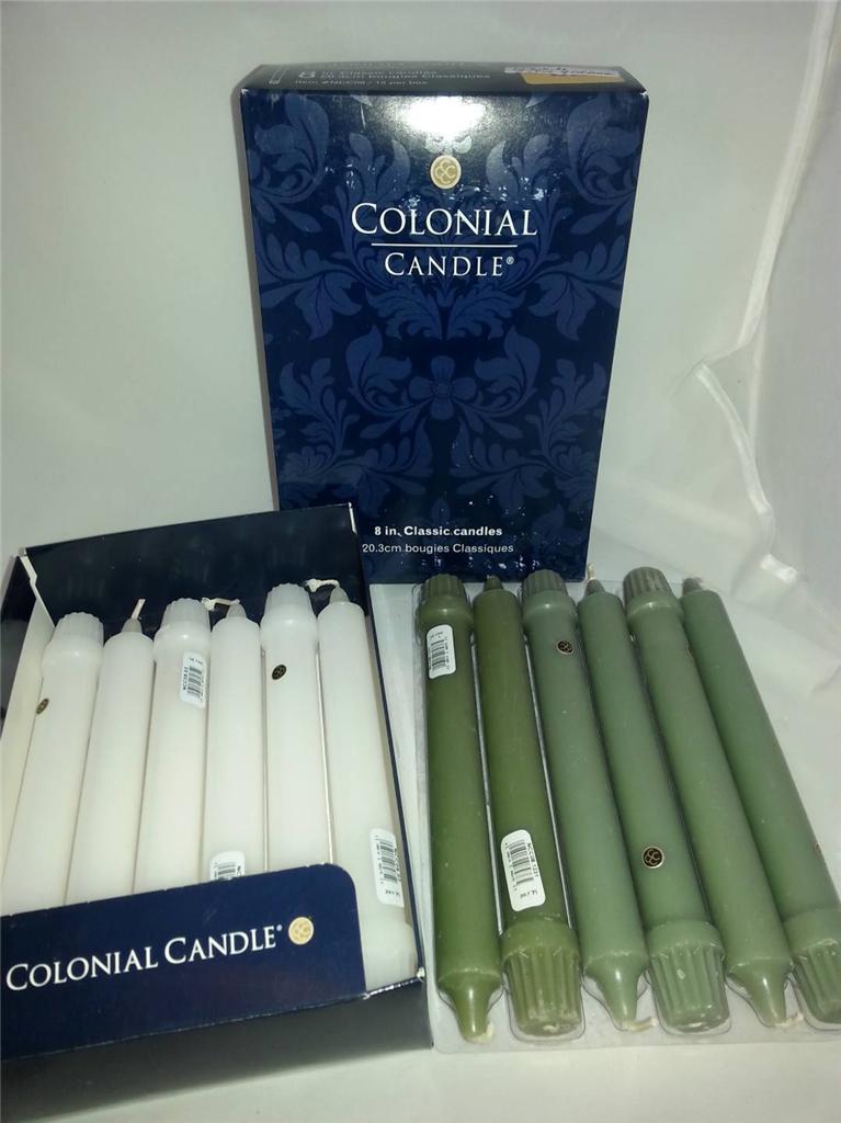 1 box 12 Colonial Candles 8" Grande Classic Taper Candle many color