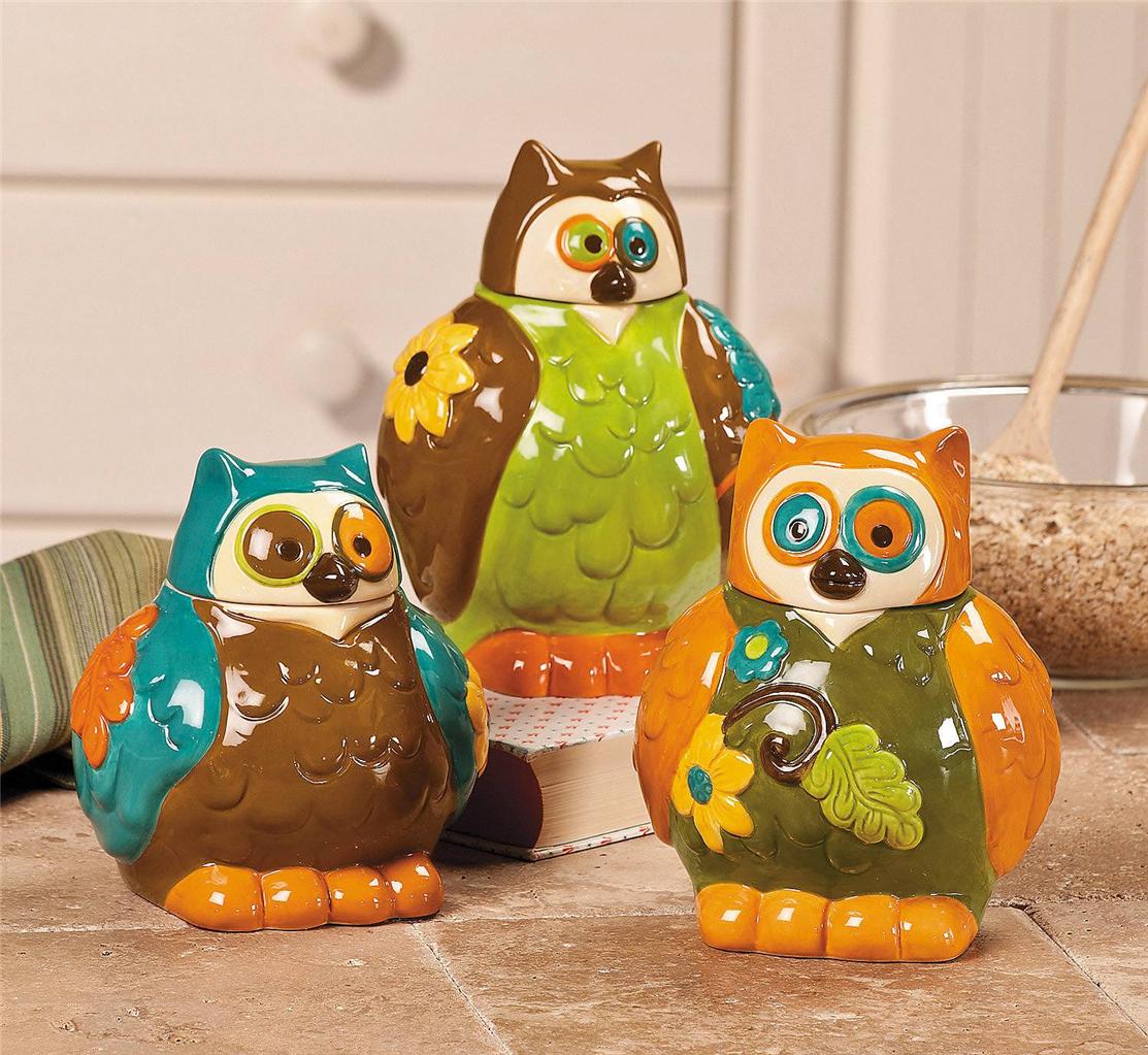 Owl Canisters Jars Kitchen Decor Set Of 3 New Ebay 