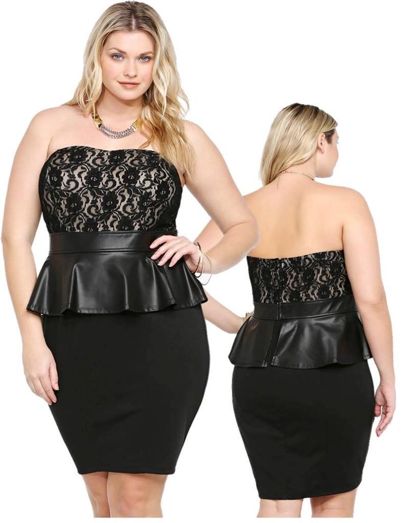 Plus Size 16 Lace And Faux Leather Strapless Black Peplum Dress Ebay