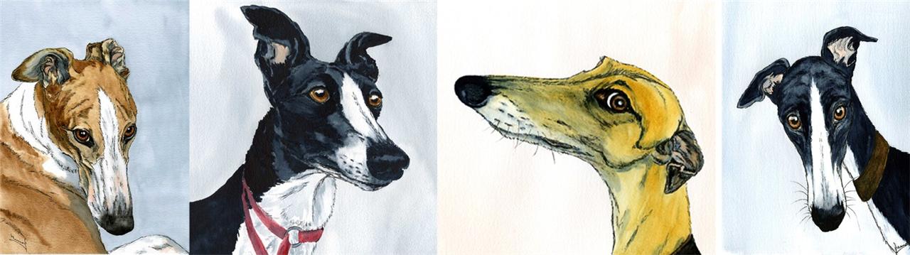 PRINT 6808 DIANNE HEAP GREYHOUND WHIPPET LURCHER DOG PAINTING DOGS TREES MAN