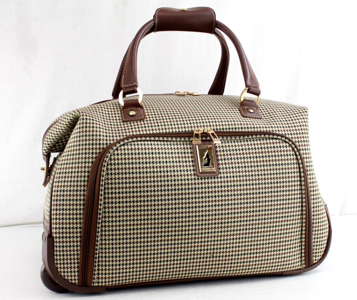 LONDON FOG CAMBRIDGE 20" OLIVE PLAID 2 WHEELED CARRY ON DUFFEL BAG