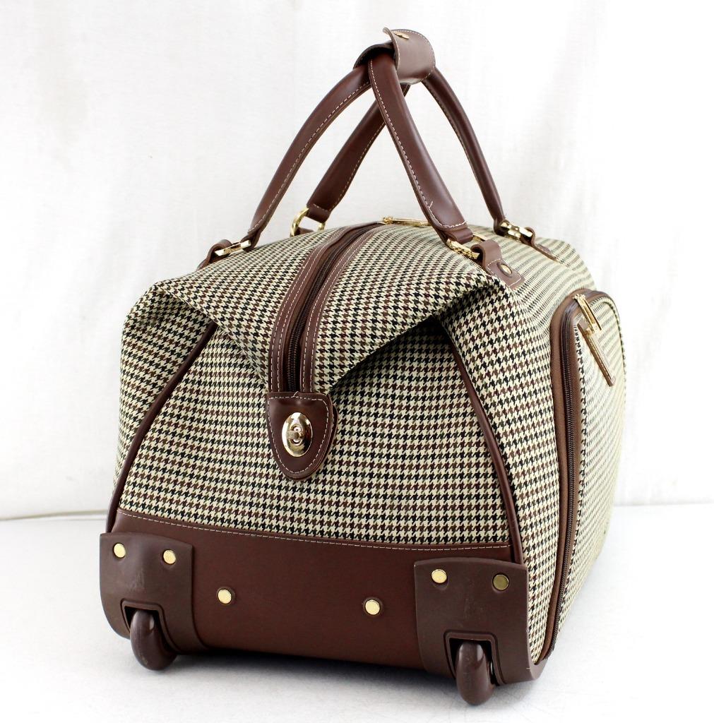 LONDON FOG CAMBRIDGE 20" OLIVE PLAID 2 WHEELED CARRY ON DUFFEL BAG