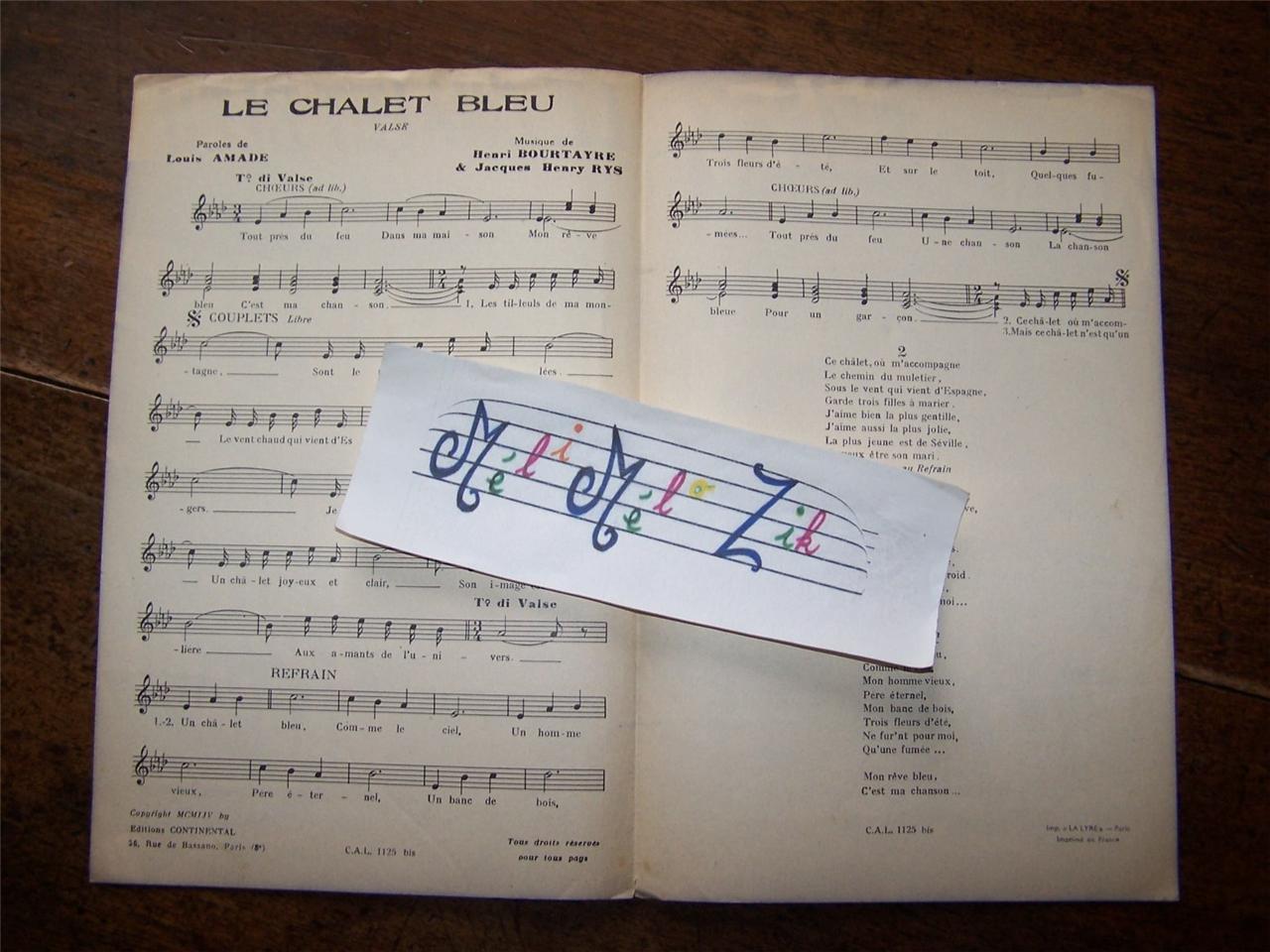 partition ancienne Le chalet bleu Luis MARIANO Jean PATART AMADE