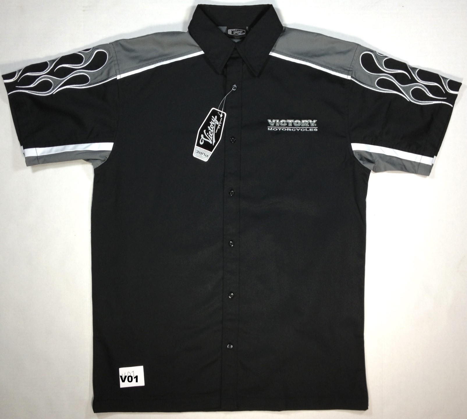 V01 NWT VICTORY MOTORCYCLE MENS BLACK W/FLAMES MECHANIC PIT CREW