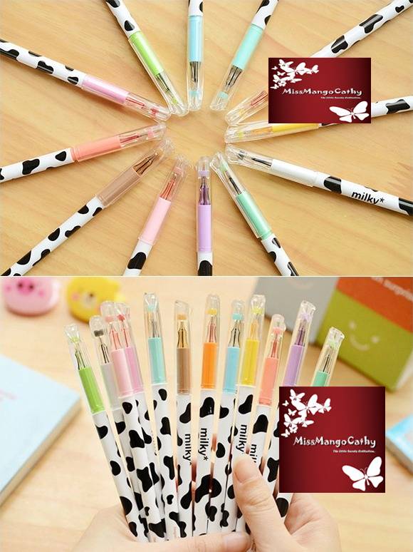"Milky Cow" Pack of 12 Rollerball Pens Multi Colors Gel Ball Pen Study