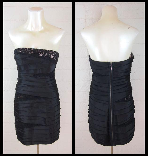 BEBE Sexy Black Tiered LBD Satin Nude Lace Paneled Overlay Strapless Dress L - Picture 1 of 1