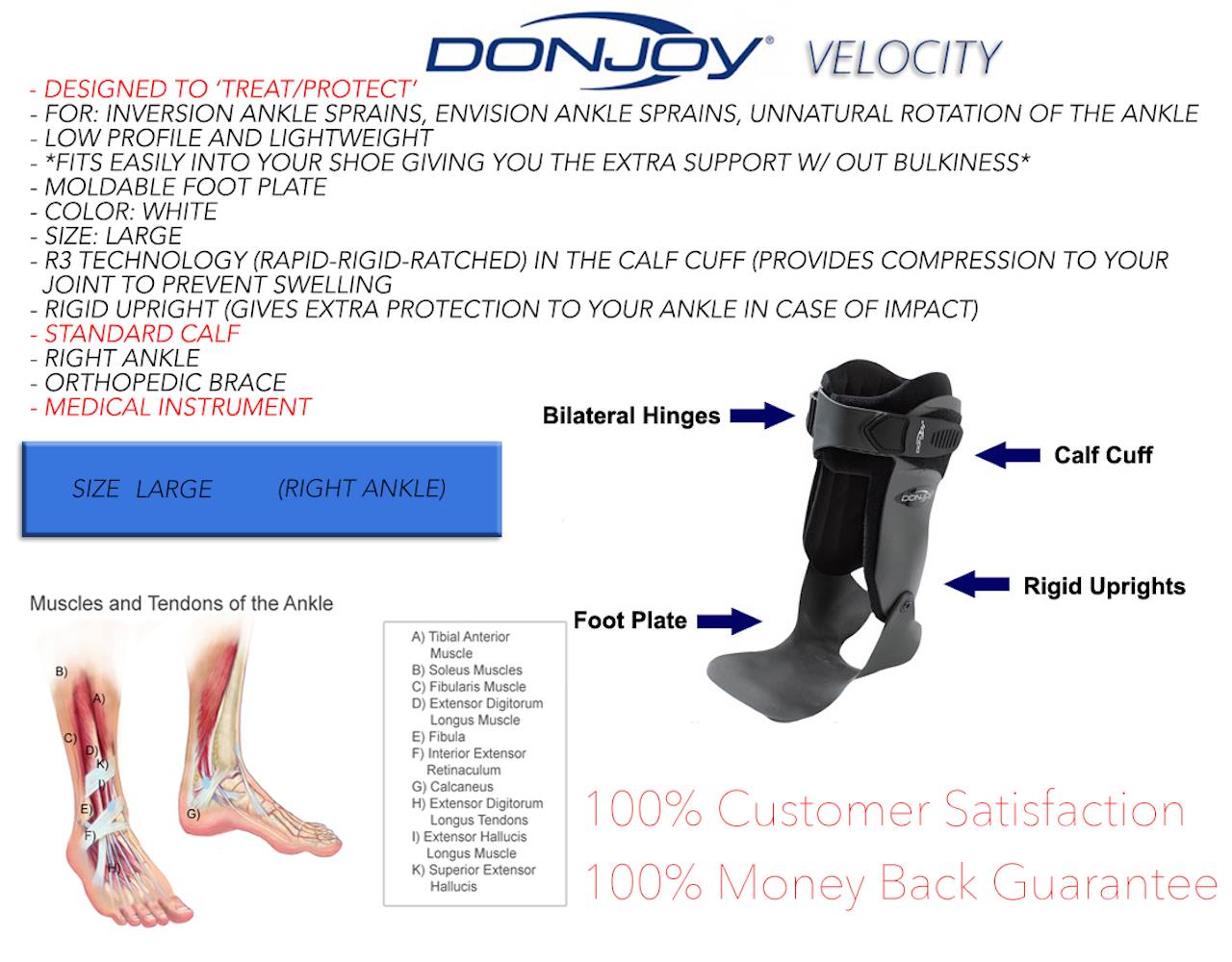 DONJOY VELOCITY STANDARD ANKLE SUPPORT BRACE STABILIZER RIGHT LARGE WHITE eBay