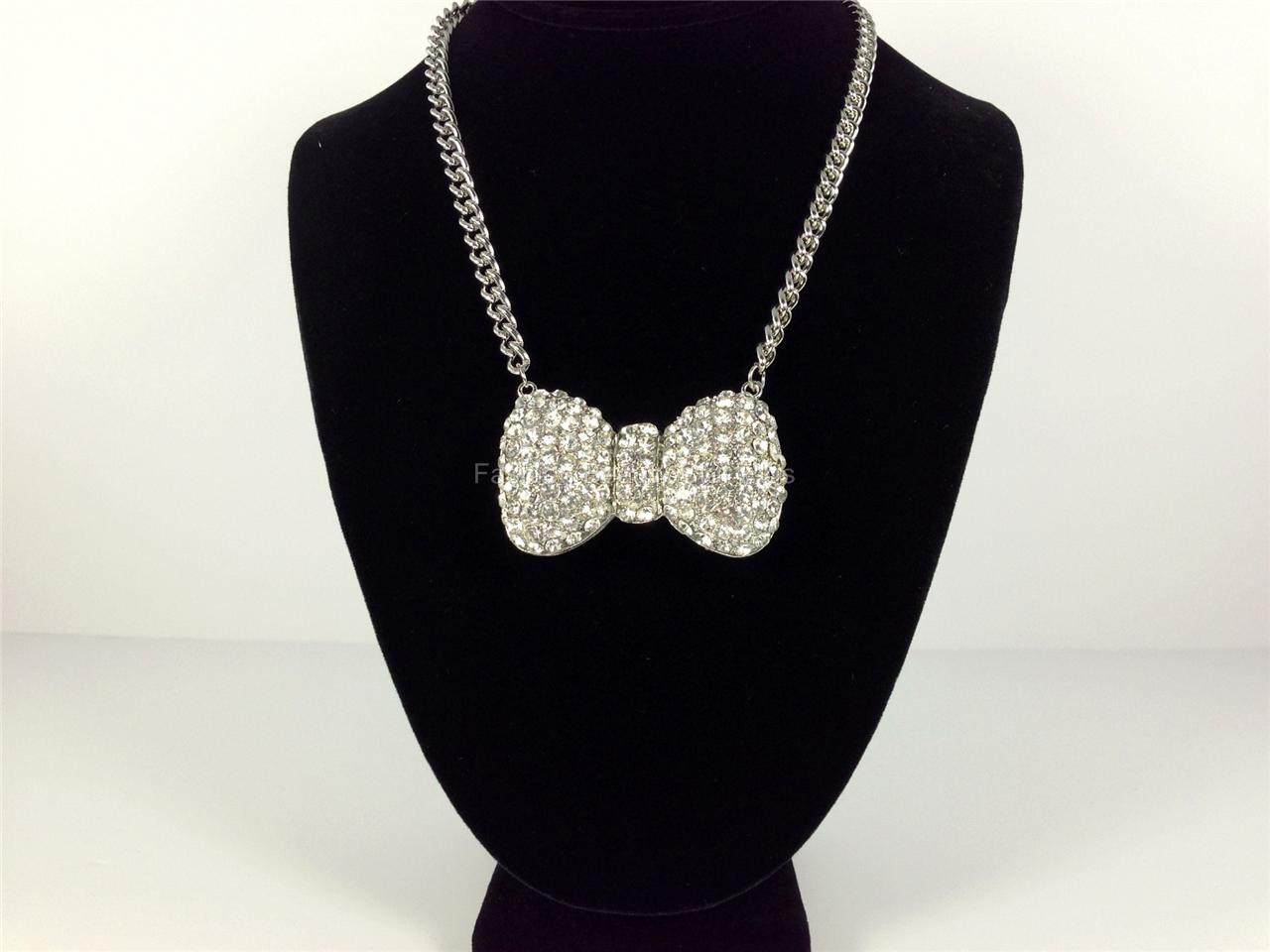 Bow Tie Necklace Crystal BLING Bowtie Kitty Pendant Trendy Fashion